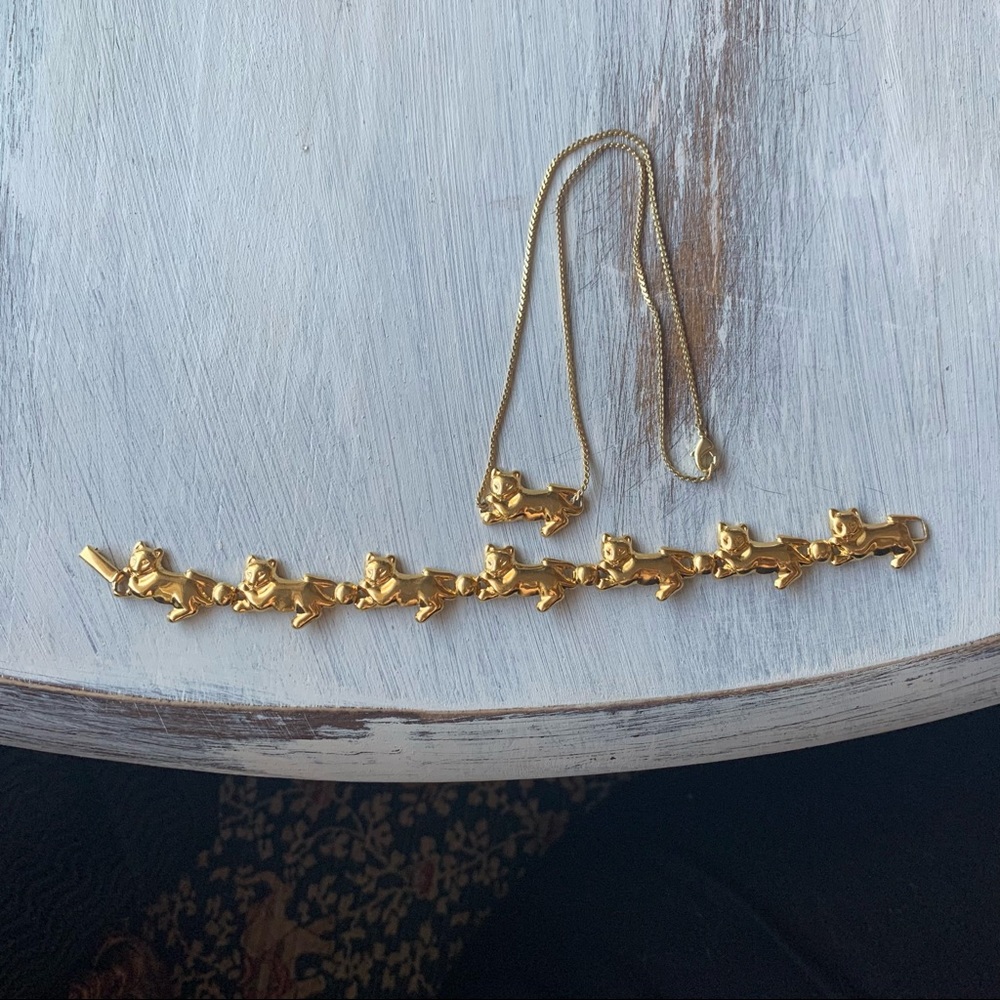 Gold tone Cat Necklace and Bracelet